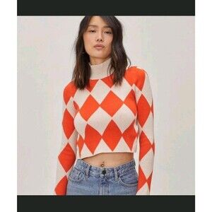 NWT Nasty Gal Sweater Womens US 8 Orange Beige Diamond Open Back Tie Mock Neck